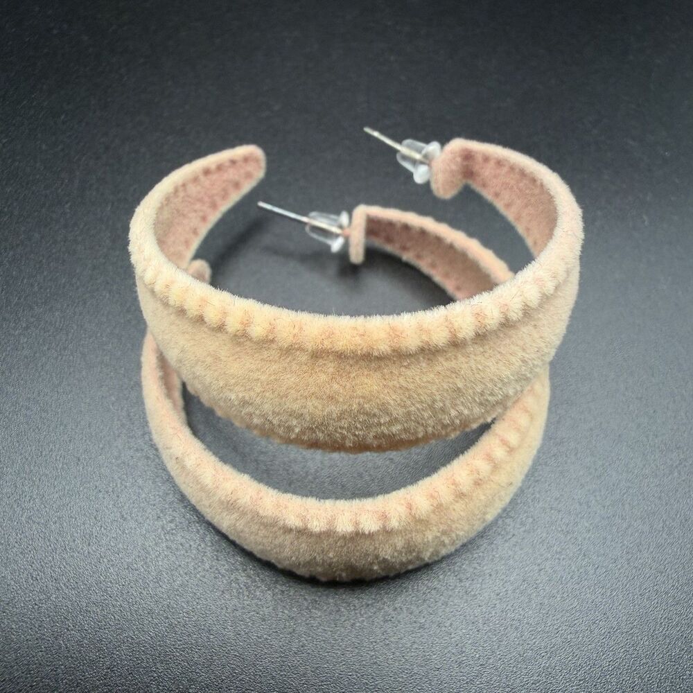 Chunky Velvet Hoop Earrings - Fuzzy Tan Beige Plush Open C Shape Studs Women’s